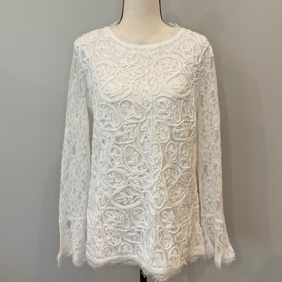 Soft Surroundings Tops - NWT Soft Surroundings long sleeve white lace embroidered top zip back holiday